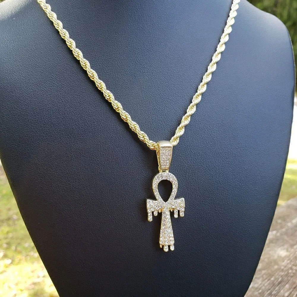 14k GP Iced Out Ankh Drip 24